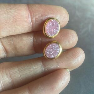 Pink druzy stud oval earrings gold
